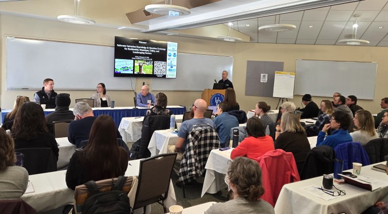A few dozen people attended the meeting. Shown at the front table during the panel discussion are (l-r) Arbor Care Plant & Turf Operations Manager Travis Pitts, environmental scientist Ashley Norton of the Resource Protection Section of DNREC’s Division of Water and Lewes Board of Public Works Secretary Preston Lee.
